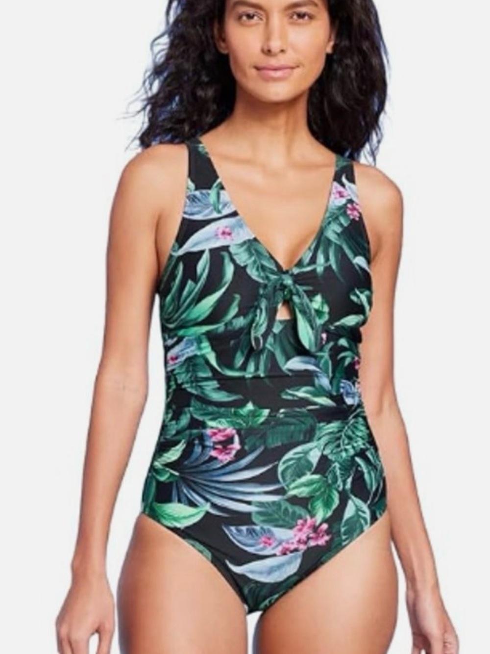 Kona Sol Black Tropical Leaf One-Piece Swimsuit with Pink Floral Accents